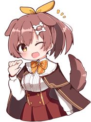 Rule 34 | 1girl, alternate hairstyle, animal ears, bone hair ornament, bow, bowtie, breasts, brooch, brown hair, buttons, commentary, cropped torso, dog ears, dog girl, dog tail, gold trim, hair bow, hair ornament, hand up, high-waist skirt, hololive, inugami korone, inugami korone (street), jewelry, long sleeves, looking at viewer, medium breasts, one eye closed, open mouth, orange bow, orange bowtie, paw print, plaid, plaid bow, plaid bowtie, rabiiandrain, red skirt, shirt, short hair, short ponytail, simple background, skirt, smile, solo, tail, virtual youtuber, white background, white shirt, yellow bow, yellow eyes