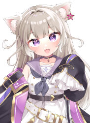 Rule 34 | 1girl, :d, absurdres, animal ears, belt, black belt, black jacket, cat ears, cat girl, dress, fangs, gateau scr, grey hair, highres, jacket, long hair, long sleeves, looking at viewer, neo-porte, off shoulder, open clothes, open jacket, open mouth, purple eyes, sailor dress, sleeveless, sleeveless dress, sleeves past fingers, sleeves past wrists, smile, virtual youtuber, white dress, yozuna niu