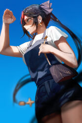 Rule 34 | 1girl, absurdres, airpods, alternate costume, arm up, bag, black hair, blue overalls, blue sky, blurry, breasts, closed mouth, depth of field, earrings, eyewear on head, facing to the side, floating hair, from below, from side, ganet p, genshin impact, green eyes, handbag, highres, jewelry, long hair, looking ahead, medium breasts, mona (genshin impact), overalls, red-tinted eyewear, shading eyes, shirt, sky, solo, sunglasses, sweat, tinted eyewear, twintails, very long hair, white shirt, wireless earphones