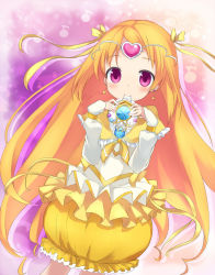 Rule 34 | 10s, 1girl, bow, brooch, bubble skirt, chiroru (7450n), circlet, cure muse, cure muse (yellow), dress, frills, gathers, hair ribbon, heart, jewelry, long hair, magical girl, mouth hold, musical note, orange hair, precure, purple background, purple eyes, quaver, ribbon, shirabe ako, skirt, smile, solo, suite precure, yellow bow, yellow skirt