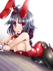 Rule 34 | 10s, 1girl, animal ears, black hair, bow, bowtie, detached collar, fake animal ears, kantai collection, leotard, long hair, lying, miuku (marine sapphire), on stomach, pantyhose, playboy bunny, rabbit ears, rabbit tail, red eyes, simple background, solo, taigei (kancolle), tail, tongue, tongue out, wrist cuffs