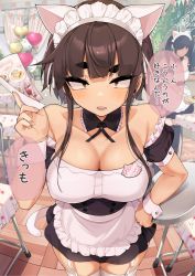 Rule 34 | 2girls, absurdres, alternate costume, animal ears, bare shoulders, breasts, brown eyes, brown hair, cat ears, cleavage, collarbone, detached collar, enmaided, fake animal ears, garter straps, hand on own hip, highres, holding, holding plate, jovejun, large breasts, looking at viewer, maid, maid headdress, multiple girls, original, plate, raised eyebrow, short hair with long locks, solo focus, speech bubble, standing, table, thick eyebrows, translation request, tsubomioka happa, white legwear