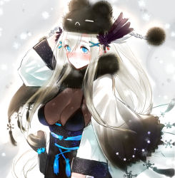 Rule 34 | 1girl, animal hat, arm up, bad id, bad pixiv id, black bow, black capelet, black hat, blue eyes, blush, bow, breasts, capelet, character request, cleavage, closed mouth, collarbone, cross-laced clothes, dot nose, expressionless, eyelashes, eyes visible through hair, feather hair ornament, feathers, from side, fur collar, fur hat, gradient capelet, hair between eyes, hair bow, hair ornament, hair over shoulder, hand on own head, hat, hat with ears, inayama, large breasts, long hair, long sleeves, looking away, low-tied long hair, nose blush, obi, obijime, outdoors, parted bangs, pom pom (clothes), sagging breasts, sash, see-through, sengoku bushouki muramasa, sleeve cuffs, snowflakes, snowing, solo, standing, tassel, thick eyebrows, upper body, very long hair, white capelet, white hair, x hair ornament