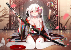 Rule 34 | 1girl, absurdres, ahoge, alcohol, bad id, bad pixiv id, breasts, brown kimono, commentary request, cup, floral print, flower, hair between eyes, hair flower, hair ornament, heart, heart-shaped pupils, heart ahoge, highres, holding, holding sheath, holding sword, holding weapon, japanese clothes, katana, kimono, large breasts, long hair, looking at viewer, niliu chahui, obi, off shoulder, open mouth, original, petals, print kimono, qys3, red eyes, red ribbon, revision, ribbon, sakazuki, sake, sash, sheath, sheathed, signature, sitting, solo, sword, symbol-shaped pupils, thighhighs, tokisaki mio (niliu chahui), two side up, very long hair, wariza, weapon, white hair, white thighhighs, wind chime, wooden floor