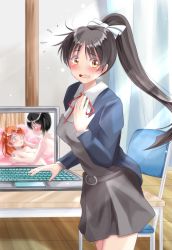 Rule 34 | 3girls, absurdres, black hair, blush, brown hair, caught, computer, embarrassed, female focus, gradient hair, green eyes, hair bun, hair ornament, hair ribbon, hand on own chest, hands on another&#039;s face, hands on another&#039;s shoulders, hazuki ren, highres, laptop, long hair, love live!, love live! superstar!!, multicolored hair, multiple girls, nude, on bed, ponytail, ribbon, takasaki yu, uehara ayumu, yellow eyes, yuri, zakiwo (rrxn8224)