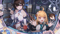 Rule 34 | 2girls, :d, ahoge, arcade, arcade cabinet, arcade stick, asc11, bare shoulders, black jacket, blonde hair, breasts, bronya zaychik, bronya zaychik (silverwing: n-ex), brown eyes, brown hair, character request, chinese clothes, cleavage, cleavage cutout, closed mouth, clothing cutout, controller, crane game, game controller, green necktie, griseo, griseo (starry impression), hair ornament, highres, honkai (series), honkai impact 3rd, jacket, joystick, large breasts, li sushang, li sushang (jade knight), licking lips, multiple girls, necktie, open mouth, pardofelis (honkai impact), smile, susannah manatt, susannah manatt (valkyrie quicksand), tongue, tongue out, yellow eyes