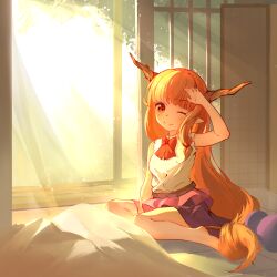 Rule 34 | 1girl, absurdres, barefoot, blanket, brown horns, closed mouth, commentary request, flat chest, full body, gourd, highres, horns, ibuki suika, indoors, long hair, looking at viewer, one eye closed, open window, orange eyes, orange hair, purple skirt, rrsuika, shirt, skirt, sleeveless, sleeveless shirt, smile, solo, sunlight, tile wall, tiles, touhou, very long hair, window