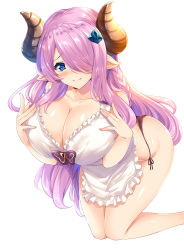 Rule 34 | 1girl, apron, black panties, blue eyes, blush, braid, breasts, cleavage, closed mouth, collarbone, draph, granblue fantasy, hair ornament, hair over one eye, hinata sora, horns, huge breasts, leaning forward, light purple hair, long hair, looking at viewer, narmaya (granblue fantasy), nearly naked apron, panties, pointy ears, side braid, simple background, smile, solo, underwear, very long hair, white apron, white background
