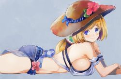 Rule 34 | 1girl, aki rosenthal, aki rosenthal (hololive summer 2019), arm cuffs, ass, bare shoulders, bikini, blonde hair, blue background, blue bikini, blue eyes, bob cut, bow, breasts, brown hat, closed mouth, commentary, detached hair, flower, from side, hat, hat bow, hat flower, hololive, large breasts, long hair, looking at viewer, lying, midriff, on stomach, parted bangs, see-through, sideboob, simple background, smile, solo, straw hat, swimsuit, thighs, virtual youtuber, yohane