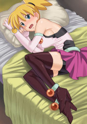 Rule 34 | 00s, 1girl, 4st injection, bed, blonde hair, blush, corona (knm), highres, ponytail, spider riders, thighhighs, zettai ryouiki