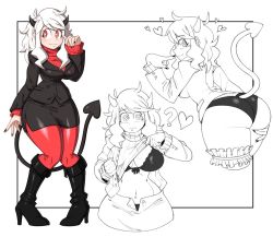 Rule 34 | 1girl, ?, ass, boots, box, bra, breasts, business suit, demon girl, demon horns, demon tail, formal, heart, heart-shaped box, helltaker, high heel boots, high heels, horns, large breasts, long hair, modeus (helltaker), mossy, panties, pantyhose, red eyes, skirt, solo, suit, tail, thick thighs, thigh strap, thighs, underwear, white hair, wide hips