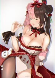 Rule 34 | 1girl, absurdres, animal ears, blue eyes, blush, breasts, brown hair, cleavage, food, food-themed hair ornament, fork, fruit, hair ornament, hair ribbon, highres, holding, holding fork, kairi (miry666), large breasts, leotard, long hair, looking at viewer, multicolored hair, one eye closed, open mouth, pantyhose, pink hair, playboy bunny, rabbit ears, red ribbon, ribbon, simple background, solo, split-color hair, strawberry, strawberry hair ornament, tachibana hinano (vtuber), two-tone hair, virtual youtuber, vspo!, white background