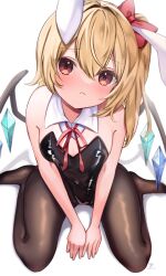 Rule 34 | 1girl, animal ears, arms between legs, black leotard, black pantyhose, blonde hair, bow, breasts, cleavage, closed mouth, crystal, flandre scarlet, full body, hair bow, highres, leotard, looking at viewer, one side up, pantyhose, playboy bunny, rabbit ears, red bow, red eyes, simple background, sitting, small breasts, solo, touhou, v arms, wariza, white background, wings, yuineko