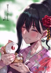 Rule 34 | 1girl, 2022, andou you, animal, animal hands, black hair, blurry, blurry background, cat, cat paws, chinese zodiac, close-up, earrings, floral print, flower, hair between eyes, hair flower, hair ornament, highres, holding, holding animal, holding cat, japanese clothes, jewelry, kimono, long hair, nengajou, new year, original, pink kimono, red flower, red rose, rose, smile, tongue, tongue out, year of the tiger
