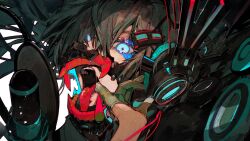 Rule 34 | 1girl, aqua eyes, aqua hair, blue eyes, crazy eyes, eyelashes, finger in own mouth, floating hair, gloves, glowing, glowing eyes, green gloves, grey hair, hair over one eye, hand up, hatsune miku, headphones, highres, long hair, long tongue, looking at viewer, mask, microphone, open mouth, portrait, saliva, simple background, solo, teeth, tongue, tongue out, unrefle, vocaloid, white background