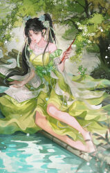 Rule 34 | 1girl, absurdres, baiguio (zhu xian), bare shoulders, black hair, calligraphy brush, closed mouth, dress, earrings, facial mark, flower, flower earrings, forehead mark, grass, green dress, hair flower, hair ornament, highres, holding calligraphy brush, holding paintbrush, jewelry, kunkun san ren, long hair, necklace, paper, second-party source, solo, tree, twintails, water, zhu xian