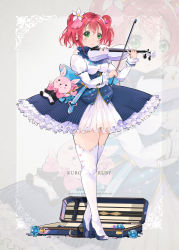 Rule 34 | 1girl, :o, blouse, blue flower, blue footwear, blush, bow, bowtie, breasts, case, character name, corset, earrings, flower, frilled skirt, frills, green eyes, hair between eyes, hair ornament, heart, high heels, highres, holding, holding instrument, holding violin, instrument, jewelry, kurosawa ruby, long sleeves, looking at viewer, love live!, love live! school idol festival, love live! sunshine!!, medium breasts, open mouth, qianqian, ribbon trim, shirt, sidelocks, skirt, stuffed animal, stuffed rabbit, stuffed toy, thighhighs, thighs, twintails, violin, white flower, white thighhighs