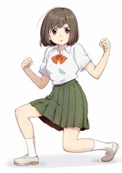 Rule 34 | 1girl, bob cut, bow, bowtie, brown eyes, brown hair, clenched hands, collared shirt, commentary, copyright request, full body, green skirt, grey footwear, hands up, kawai makoto, looking at viewer, parted lips, pleated skirt, red bow, red bowtie, school uniform, shirt, shoes, short sleeves, signature, simple background, skirt, socks, solo, white background, white socks, wing collar