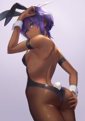Rule 34 | 1girl, announ (kurotya), ass, back, backless outfit, bare back, bare shoulders, blue eyes, blush, breasts, dark-skinned female, dark skin, fate/grand order, fate/prototype, fate/prototype: fragments of blue and silver, fate (series), from behind, hassan of serenity (fate), highres, leotard, looking at viewer, looking back, medium breasts, pantyhose, playboy bunny, purple eyes, purple hair, short hair, solo, thighs