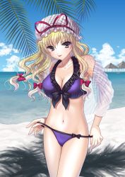 Rule 34 | 1girl, :p, alha, beach, bikini, blonde hair, bow, breasts, cleavage, day, female focus, frilled bikini, frills, front-tie bikini top, front-tie top, hair bow, hat, large breasts, long hair, navel, open clothes, open shirt, outdoors, red bow, shirt, solo, swimsuit, tongue, tongue out, touhou, water, yakumo yukari, yellow eyes