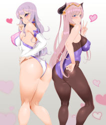 Rule 34 | 2girls, absurdres, ass, ass-to-ass, back, bad id, bad pixiv id, bare shoulders, black legwear, blue eyes, blush, breasts, demon girl, elbow gloves, era (erasion), covered erect nipples, gloves, hand on own hip, heart, highres, horns, large breasts, leotard, long hair, looking at viewer, looking back, multiple girls, original, parted lips, purple eyes, purple hair, smile, standing, demon girl, very long hair, white gloves
