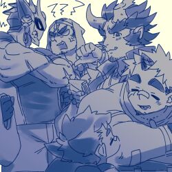 Rule 34 | 5boys, ^ ^, akiha gongen (housamo), alternate facial hair, anger vein, arguing, bag, bandaid, bandaid on face, bandaid on nose, bara, blue theme, broken horn, closed eyes, cross scar, crossed arms, demon boy, demon horns, extra arms, facial hair, facial scar, fiery horns, fighting, from below, furrowed brow, goatee, goatee stubble, happy, horns, houzouin oniwaka, huge eyebrows, large pectorals, long sideburns, mask, mature male, mid (mid skb), multiple boys, muscular, muscular male, pectorals, plastic bag, pointing, pointing at self, protagonist 1 (housamo), scar, scar on cheek, scar on face, scar on forehead, shiva (housamo), sideburns, single horn, smile, stubble, takemaru (housamo), thick eyebrows, tokyo houkago summoners, v-shaped eyes