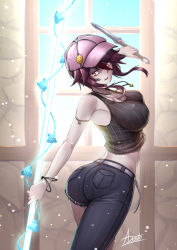 Rule 34 | 1girl, adsouto, arm up, ass, bare shoulders, breasts, casual, covered erect nipples, cowboy shot, dagger, genshin impact, gloves, gradient background, hat, highres, holding, holding weapon, jewelry, knife, large breasts, looking at viewer, parted lips, red eyes, red hair, rosaria (genshin impact), short hair, solo, standing, weapon