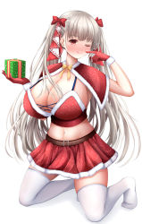 Rule 34 | 1girl, ;q, azur lane, belt, bow, bra, breasts, brown belt, capelet, christmas, cleavage, formidable (azur lane), full body, fur-trimmed bra, fur-trimmed capelet, fur-trimmed gloves, fur-trimmed skirt, fur trim, gintokyhenry, gloves, hair bow, highres, huge breasts, long hair, midriff, miniskirt, one eye closed, platinum blonde hair, red bow, red eyes, red gloves, red skirt, simple background, skirt, solo, thighhighs, tongue, tongue out, twintails, very long hair, white background, white thighhighs, zettai ryouiki