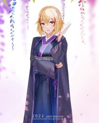 Rule 34 | 1girl, 2022, absurdres, azur lane, blonde hair, blush, commentary request, happy new year, highres, japanese clothes, kimono, looking at viewer, multicolored hair, new year, purple kimono, qing wu, red hair, roon (azur lane), short hair, smile, solo, streaked hair, yellow eyes