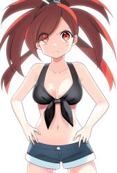 Rule 34 | 1girl, bad id, bad pixiv id, black bra, blue shorts, bra, breasts, cleavage, collarbone, creatures (company), eyes visible through hair, flannery (pokemon), front-tie bra, game freak, hands on own hips, highres, long hair, looking at viewer, medium breasts, midriff, navel, nintendo, parted bangs, pokemon, pokemon rse, ponytail, red eyes, red hair, short shorts, shorts, simple background, solo, stomach, underwear, white background, yuihico
