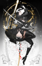 Rule 34 | 1girl, 2b (nier:automata), black blindfold, black hairband, blindfold, blue eyes, boots, breasts, cleavage, clothing cutout, feather-trimmed sleeves, feather trim, gloves, hairband, high heels, highres, holding, holding sword, holding weapon, juliet sleeves, large breasts, long sleeves, mole, mole under mouth, nier:automata, nier (series), nikusenpai, one eye covered, puffy sleeves, solo, sword, thighhighs, thighhighs under boots, virtuous contract, weapon