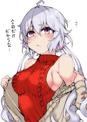 Rule 34 | 1girl, absurdres, ahoge, armpits, bare shoulders, blush, breasts, closed mouth, flying sweatdrops, funkysatou, hair between eyes, hair ornament, hair ribbon, highres, long hair, off shoulder, purple eyes, purple hair, ribbed sweater, ribbon, senki zesshou symphogear, shiny skin, sideboob, simple background, solo, sweater, translated, twintails, undressing, upper body, white background, yukine chris