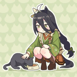 Rule 34 | 1girl, ahoge, animal ears, apron, black hair, blush, boots, bowl, brown footwear, brown skirt, cat, closed mouth, full body, green background, green kimono, hair between eyes, high heel boots, high heels, horse ears, horse girl, horse tail, japanese clothes, kimono, long hair, long sleeves, manhattan cafe (umamusume), manhattan cafe (verdant night) (umamusume), multicolored hair, name tag, ooishi oil, outline, pet bowl, pet food, petting, skirt, smile, solo, squatting, streaked hair, tail, umamusume, waist apron, white outline, yellow eyes
