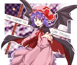 Rule 34 | 1girl, any (artist), any (lucky denver mint), bat wings, blue hair, cape, english text, fang, female focus, fingernails, foreshortening, hat, long fingernails, nail polish, open mouth, outstretched arm, red eyes, red nails, remilia scarlet, short hair, solo, touhou, wings