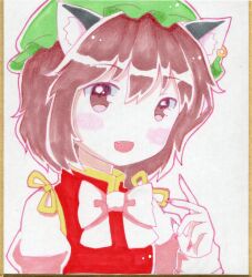 Rule 34 | 1girl, :d, animal ear fluff, animal ear piercing, animal ears, artist request, blush, bow, bowtie, brown eyes, brown hair, cat ears, chen, earrings, fang, gold trim, green hat, hair between eyes, hand up, hat, highres, jewelry, juliet sleeves, long sleeves, looking at viewer, mob cap, nail polish, open mouth, puffy sleeves, red nails, red vest, short hair, simple background, single earring, sleeves past wrists, smile, solo, touhou, traditional media, vest, white background, white bow, white bowtie