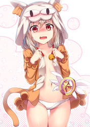 Rule 34 | 1girl, animal ears, animal hood, bell, blush, cat hood, character hood, cowboy shot, embarrassed, fate/kaleid liner prisma illya, fate (series), gluteal fold, hood, hooded jacket, illyasviel von einzbern, jacket, jingle bell, long hair, long sleeves, looking at viewer, magical girl, magical ruby, md5 mismatch, navel, neco-arc, no pants, open clothes, open jacket, open mouth, panties, paw print, red eyes, silver hair, solo, star (symbol), stomach, tail, thigh gap, underwear, untied, wavy mouth, white background, white panties, yan (nicknikg)