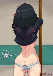 Rule 34 | 1girl, ass, backboob, black hair, breasts, butt crack, clothes lift, commentary request, cowboy shot, derivative work, from behind, green panties, highres, indoors, kill la kill, leafsanty, matoi ryuuko, medium hair, meme, multicolored hair, no pants, panties, red hair, ryuko redraw (meme), school uniform, screenshot redraw, serafuku, shiny skin, skindentation, small breasts, solo, streaked hair, striped clothes, striped panties, thighs, underwear, undressing, white panties