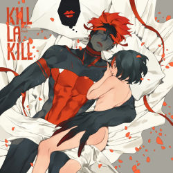 Rule 34 | 10s, 1boy, 1girl, ass, black hair, breasts, butt crack, character name, closed eyes, copyright name, couple, kill la kill, lying, manly, matoi ryuuko, multicolored hair, nude, open mouth, personification, petals, red hair, rei (sanbonzakura), ribbon, senketsu, short hair, simple background, sleeping, two-tone hair