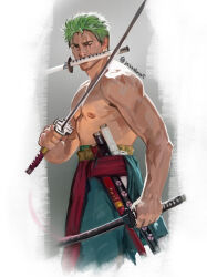 Rule 34 | 1boy, abs, bara, cropped legs, expressionless, from side, green hair, holding, holding sword, holding weapon, jesse adriano, katana, looking at viewer, male focus, mouth hold, muscular, muscular male, nipples, one piece, pectorals, roronoa zoro, scar, scar across eye, sheath, short hair, sideburns, solo, sword, topless male, triple wielding, veins, veiny arms, weapon