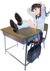 Rule 34 | 1girl, absurdres, arms up, bag, black footwear, black skirt, blue bow, blue bowtie, blush, bow, bowtie, breasts, brown eyes, brown hair, closed mouth, collared shirt, commentary request, ddal, desk, dress shirt, full body, hair tie, hair tie in mouth, highres, kneehighs, legs up, loafers, long hair, long sleeves, looking away, medium breasts, mouth hold, original, pleated skirt, school bag, school desk, school uniform, shirt, shoe soles, shoes, simple background, skirt, socks, solo, star (symbol), tying hair, white background, white shirt, white socks