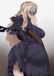 Rule 34 | absurdres, ass, blindfold, blonde hair, blush, breasts, dark souls (series), dark souls iii, dress, expressive clothes, fire keeper, highres, large breasts, lastofrabbit, non-web source, self-upload, torn clothes, torn dress