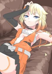 Rule 34 | 1girl, absurdres, armpits, bandeau, belt, black choker, blonde hair, blue eyes, cevio, choker, closed mouth, commentary request, couch, cowboy shot, detached sleeves, dress, gin no taiyou, grey belt, hair flaps, half-closed eyes, hand on own head, highres, knee up, light frown, looking at viewer, lying, multicolored hair, navel, on back, on couch, one (cevio), orange dress, orange hair, partially unzipped, ponytail, raised eyebrow, short dress, single detached sleeve, sleeveless, sleeveless dress, solo, spaghetti strap, stomach, sweat, white bandeau, zipper