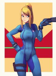 Rule 34 | absurdres, artist name, blonde hair, blue bodysuit, blue eyes, bodysuit, breasts, commentary, covered collarbone, covered navel, directed-energy weapon, energy gun, energy weapon, gloves, gun, hand on own hip, handgun, highres, holding, holding gun, holding weapon, holster, light smile, lips, long hair, long sleeves, looking to the side, medium breasts, metroid, mole, mole under mouth, nintendo, paralyzer, pistol, ponytail, raichiyo33, samus aran, sidelocks, signature, simple background, skin tight, solo, thigh holster, turtleneck, weapon, zero suit