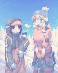 2girls alternate_costume alternate_universe beanie blonde_hair blue_eyes blue_hat blue_mittens blue_sky breasts brown_hair chito_(shoujo_shuumatsu_ryokou) chullo contemporary gloves grey_eyes hat heavy_breathing height_difference highres holding holding_shovel jacket jumpsuit_partially_removed leaning_on_object mittens multiple_girls object_in_pocket orange_hat orange_overalls orange_sweater outdoors overalls pine_tree pom_pom_hat_ornament ribbed_sweater scarf self-upload shoujo_shuumatsu_ryokou shovel sky snow snow_shovel snowflakes soaphisoap sweater tree yellow_gloves yuuri_(shoujo_shuumatsu_ryokou)