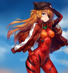 Rule 34 | 10s, 1girl, animal ears, animal hat, arm behind head, arm up, badge, black hat, blue eyes, blush, bodysuit, bodysuit under clothes, bracer, breasts, button badge, cabbie hat, closed mouth, cloud, cowboy shot, day, evangelion: 3.0 you can (not) redo, eyepatch, fake animal ears, floating hair, from side, frown, gloves, hand on own hip, hat, hat ornament, hip focus, jacket, jacket on shoulders, light brown hair, long hair, long sleeves, looking at viewer, medium breasts, momoko (momopoco), neon genesis evangelion, open clothes, open jacket, orange hair, outdoors, parted bangs, pilot suit, plugsuit, rebuild of evangelion, red jacket, shiny clothes, single vertical stripe, skin tight, skull print, sky, solo, souryuu asuka langley, standing, tape, track jacket, turtleneck, two side up, unzipped, wind, zipper