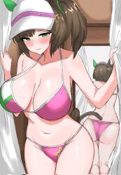 Rule 34 | 1girl, alternate costume, animal ears, ass, bikini, blush, breasts, brown hair, cleavage, closed mouth, collarbone, commission, corrupted twitter file, curtains, ear covers, freckles, green eyes, hat, highres, horse ears, horse tail, ines fujin (umamusume), kumiyabe, large breasts, looking at viewer, medium hair, mirror, navel, pink bikini, single ear cover, skeb commission, smile, solo, swimsuit, tail, umamusume, visor cap, white hat