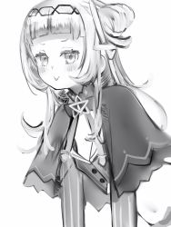 Rule 34 | :p, blouse, blunt bangs, blush, breasts, capelet, cleavage, dot nose, frilled capelet, frills, greyscale, hair bun, hair ornament, hexagram hair ornament, highres, hololive, leaning forward, long hair, long sleeves, looking at viewer, medium breasts, monochrome, murasaki shion, murasaki shion (1st costume), nanashi (nlo), navel, shirt, short eyebrows, sidelocks, simple background, single hair bun, striped clothes, striped shirt, tongue, tongue out, vertical-striped clothes, vertical-striped shirt, virtual youtuber, white background