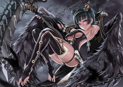 Rule 34 | 10s, 1girl, absurdres, arm behind head, armpits, barefoot, bird, black feathers, black wings, blue hair, blurry, breasts, chain, chuunibyou, crown, depth of field, detached sleeves, feathered wings, feathers, feet, hair bun, highres, jewelry, long hair, looking at viewer, love live!, love live! sunshine!!, mini crown, parted lips, purple eyes, scythe, single hair bun, solo, ssamjang (misosan), thighhighs, toe ring, toeless legwear, toes, tsushima yoshiko, underboob, wings