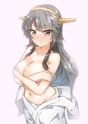 Rule 34 | 1girl, absurdres, big hair, blush, breasts, brown eyes, cleavage, closed mouth, collarbone, covering privates, covering breasts, crossed arms, embarrassed, gradient background, grey hair, halkawa501, haruna (kancolle), headgear, highres, kantai collection, large breasts, long hair, looking at viewer, naked towel, navel, nose blush, sidelocks, simple background, solo, topless, towel, towel around waist, white background