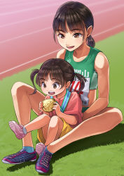 Rule 34 | 2girls, :d, age difference, ankle socks, black hair, brown eyes, brown hair, commentary, full body, grass, knees apart feet together, medal, multiple girls, open mouth, original, otsu natsu, outdoors, ponytail, siblings, sisters, sitting, sitting on lap, sitting on person, smile, socks, teeth, track and field, track uniform, twintails, upper teeth only